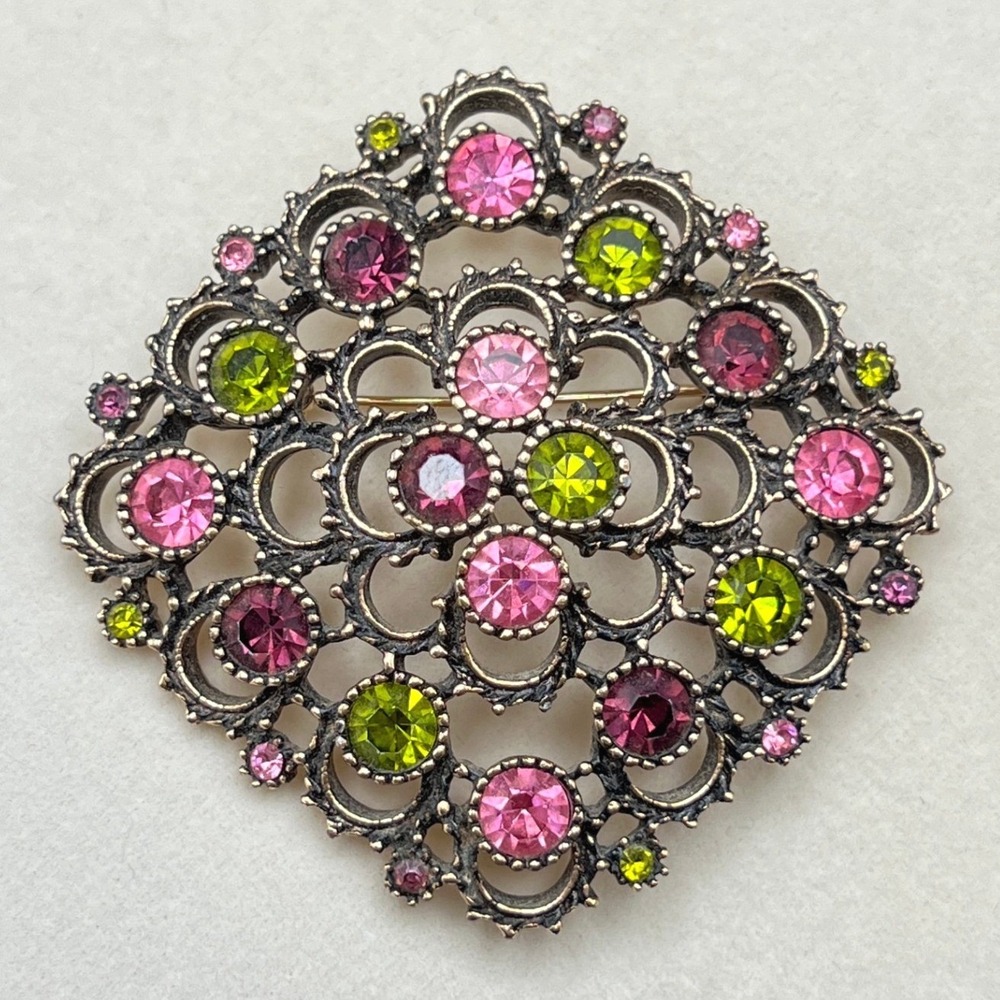 Vintage Rhinestone Brooch Sarah Coventry Gold Tone Filigree Pink Green Signed